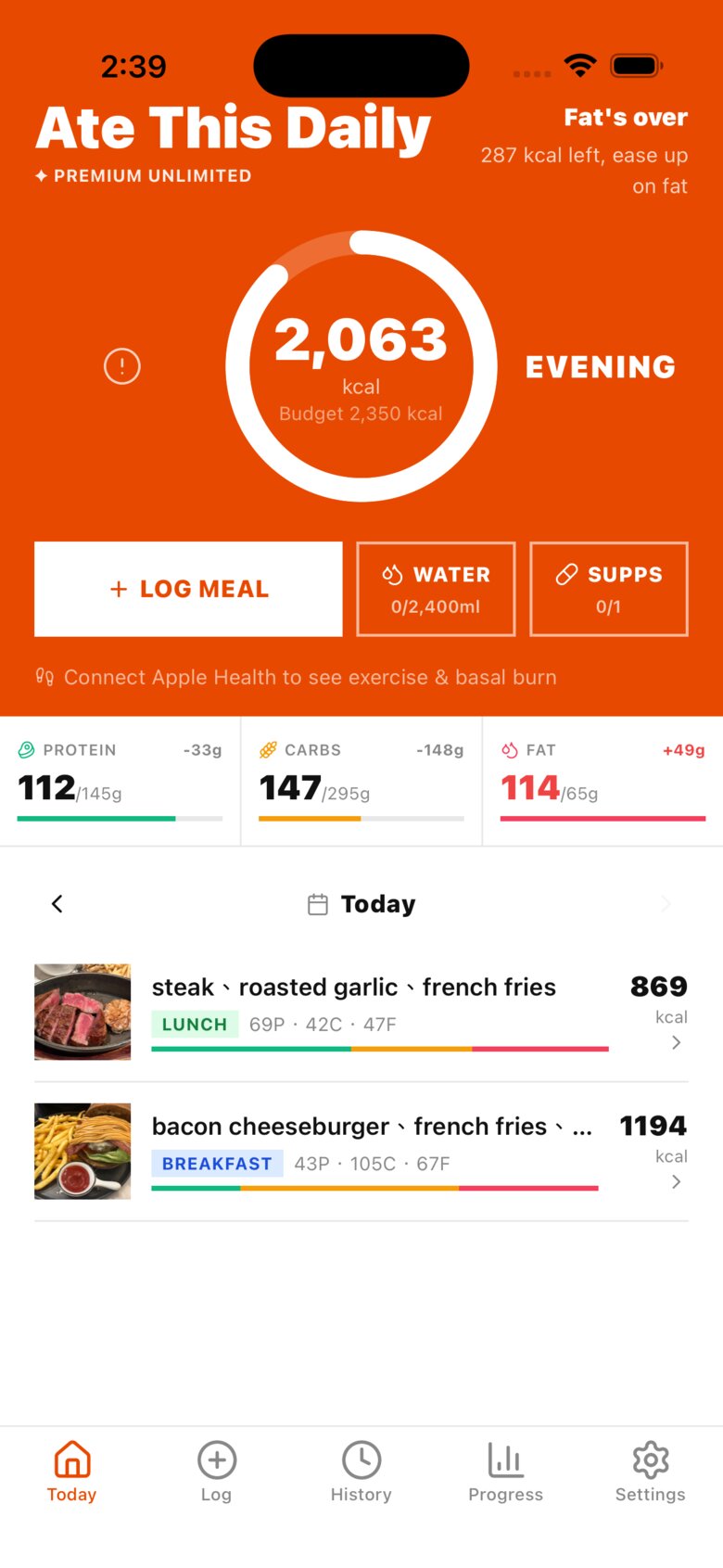 Daily overview dashboard with calories, water, and supplements