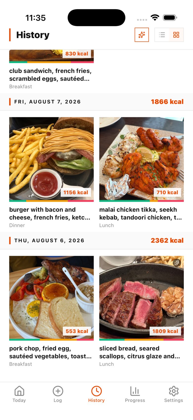 History screen in grid view